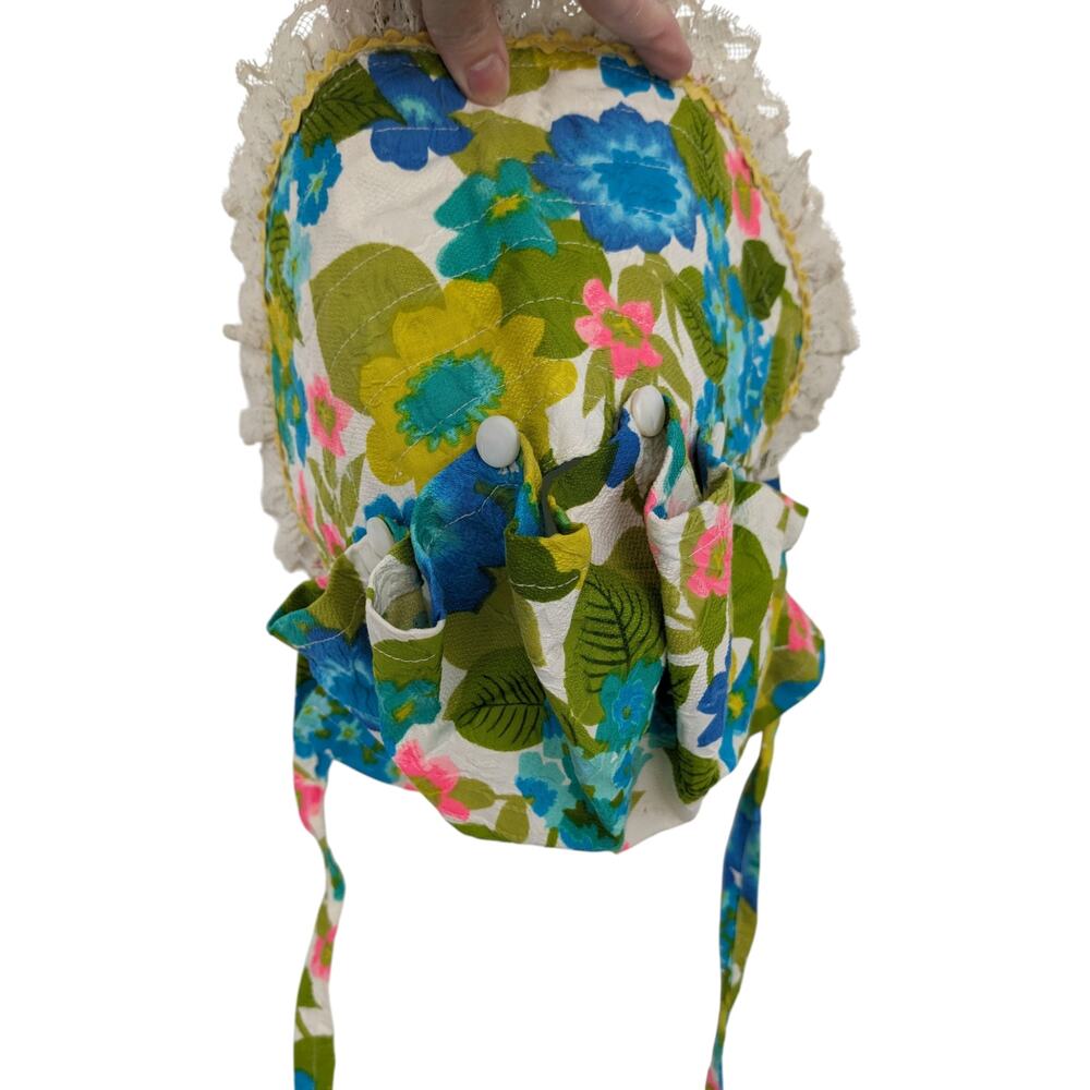 Vintage 1970's Psychedelic Hippie Bonnet Hawaiian Fabric Lace Trim Shell Buttons - Picture 5 of 12